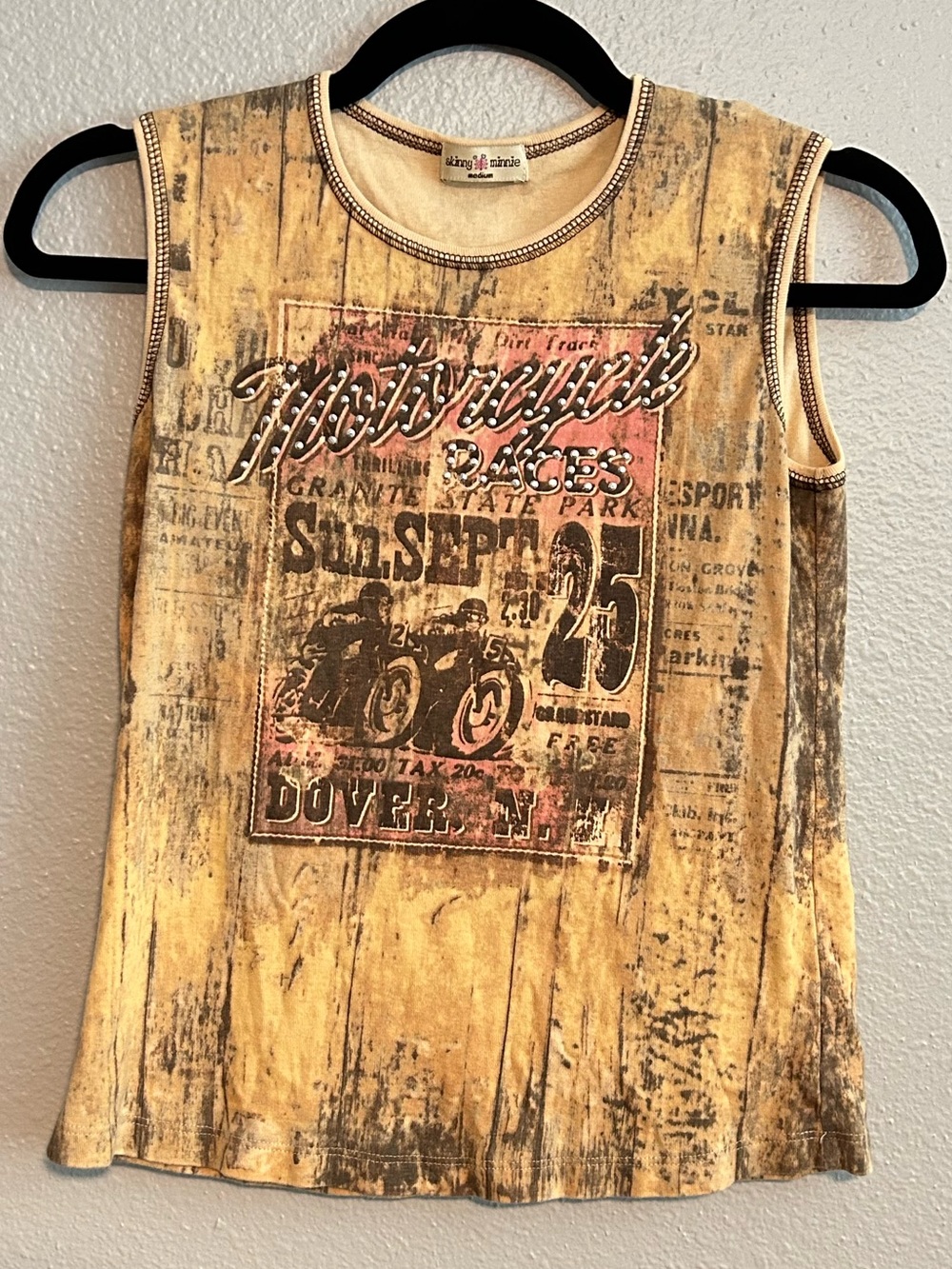 Skinny Minnie Yellow Graphic Tank with Vintage Rhinestoned Motorcycle Print